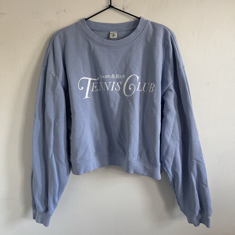 Sporty & Rich Hydrangea Blue Tennis Club Rizzoli Cropped Sweatshirt S - Picture 2 of 6